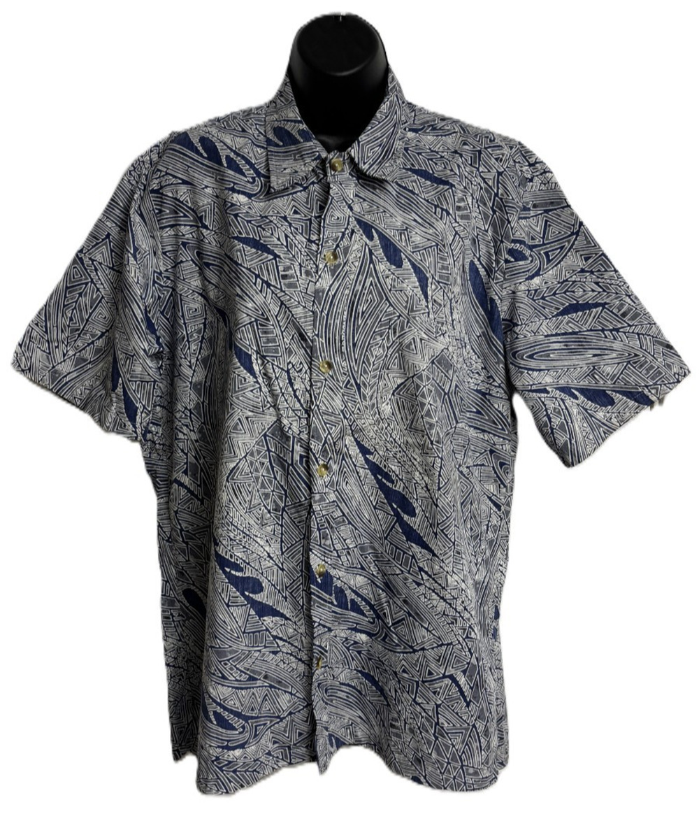 VTG Two Paddles Aloha Shirt Men's Medium Blue Tribal Geometric Hawaiian USA Made